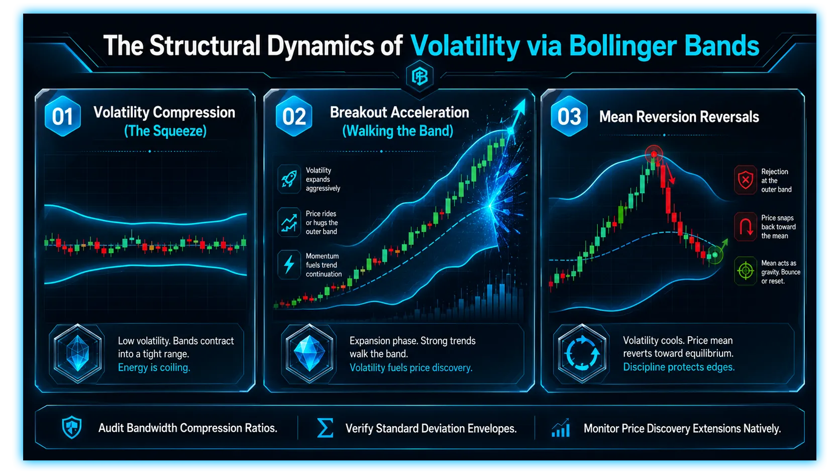 Bollinger Bands chart illustrating volatility trading setups in cryptocurrency markets for effective price analysis.