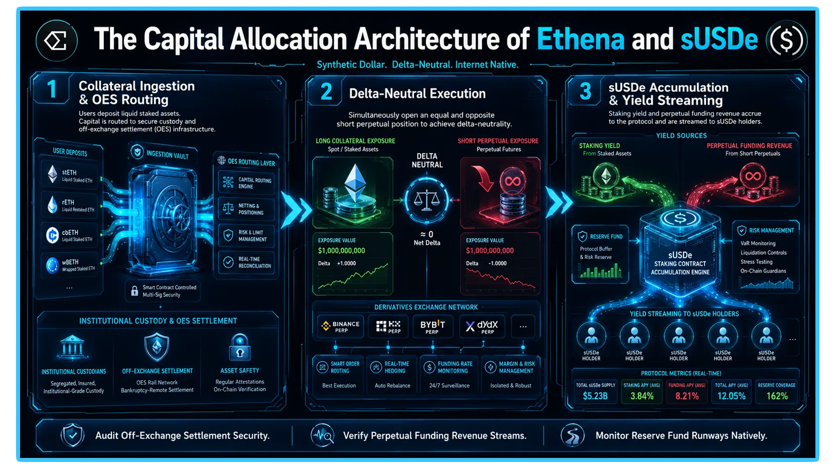 Ethena's Delta-Neutral Basis Trade graphic illustrating sUSDe yield mechanics in decentralized finance.