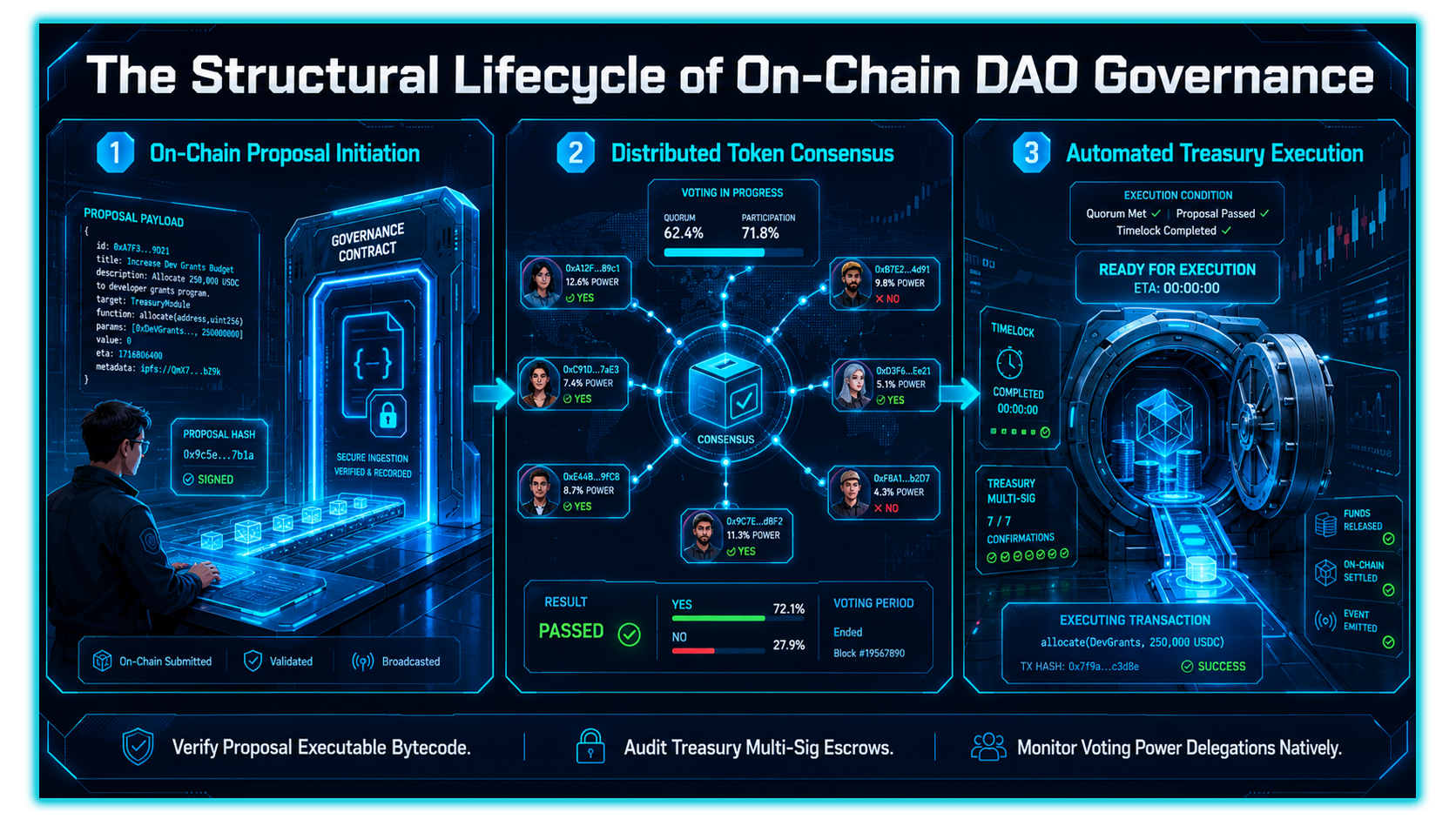 Illustration of a Decentralized Autonomous Organization (DAO) using smart contracts to replace traditional corporate governance.