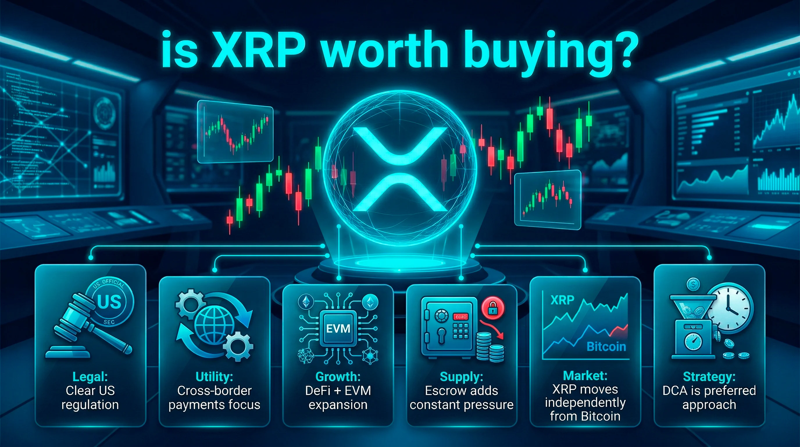 Token XRP affiché contre un fond de graphiques financiers numériques, symbolisant son potentiel d'investissement en 2026.