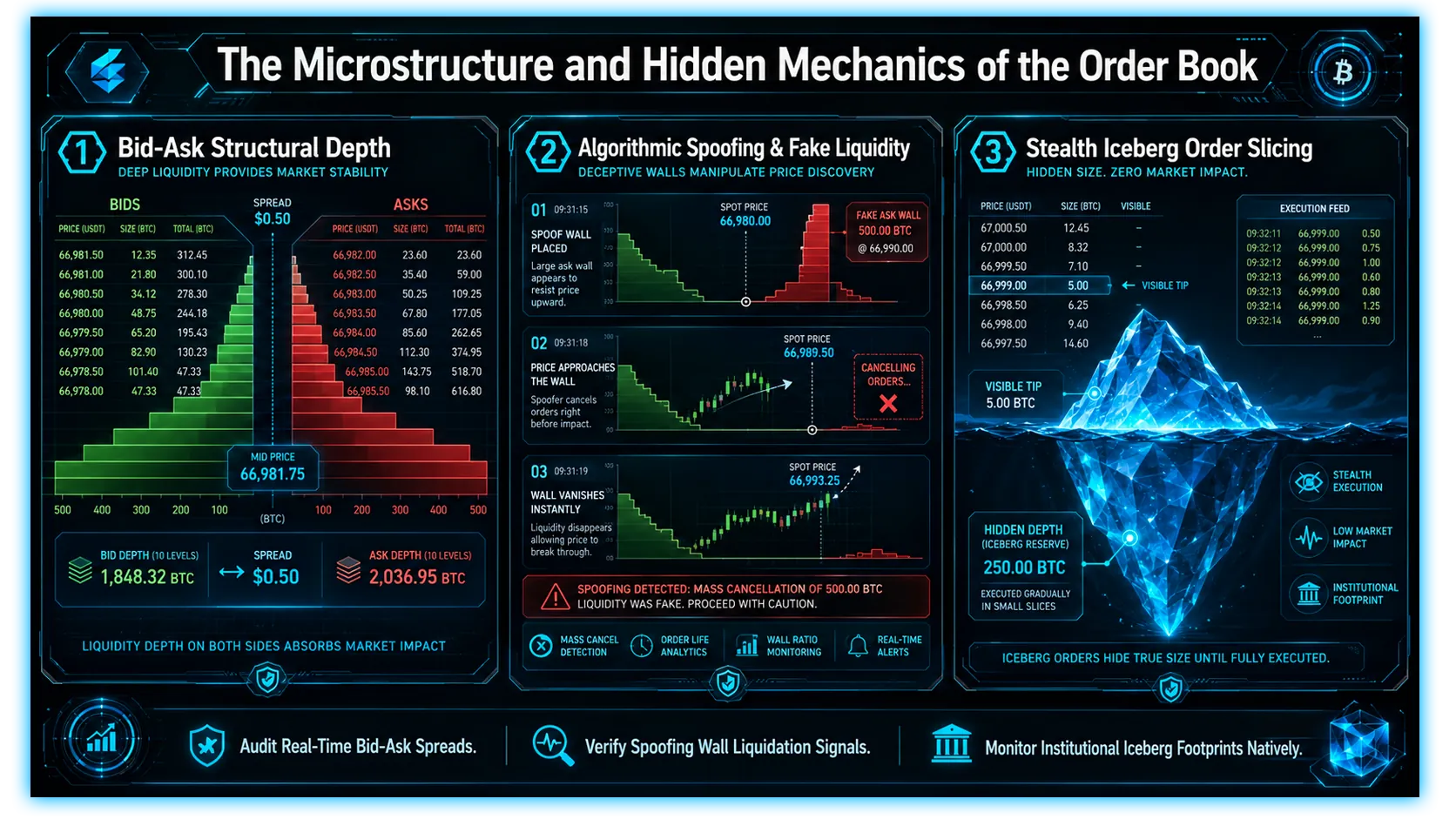 Illustration of order book dynamics, highlighting spoofing, walls, and iceberg orders in digital asset trading.