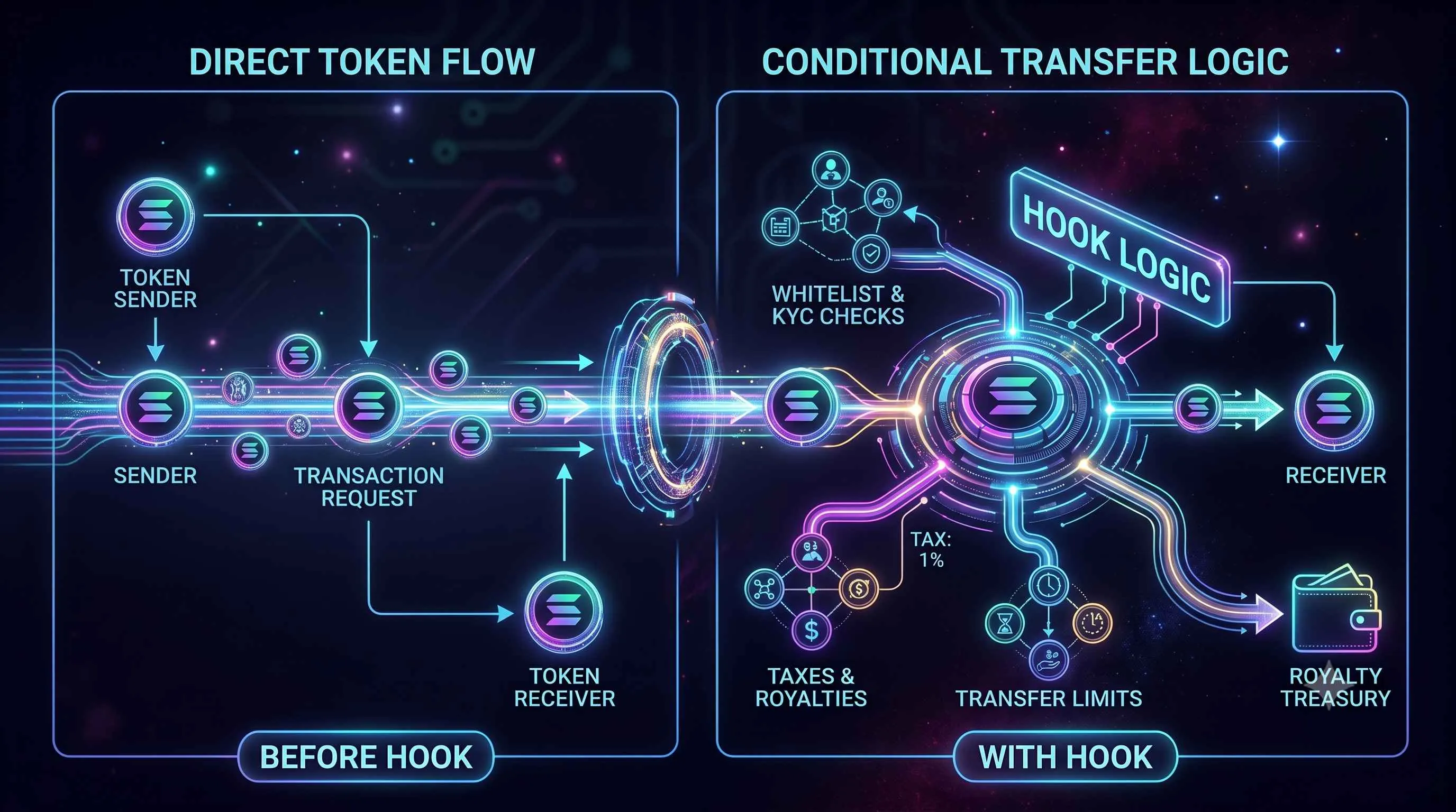 Illustration explaining Solana Transfer Hooks for enhanced control in decentralized finance and token transactions.