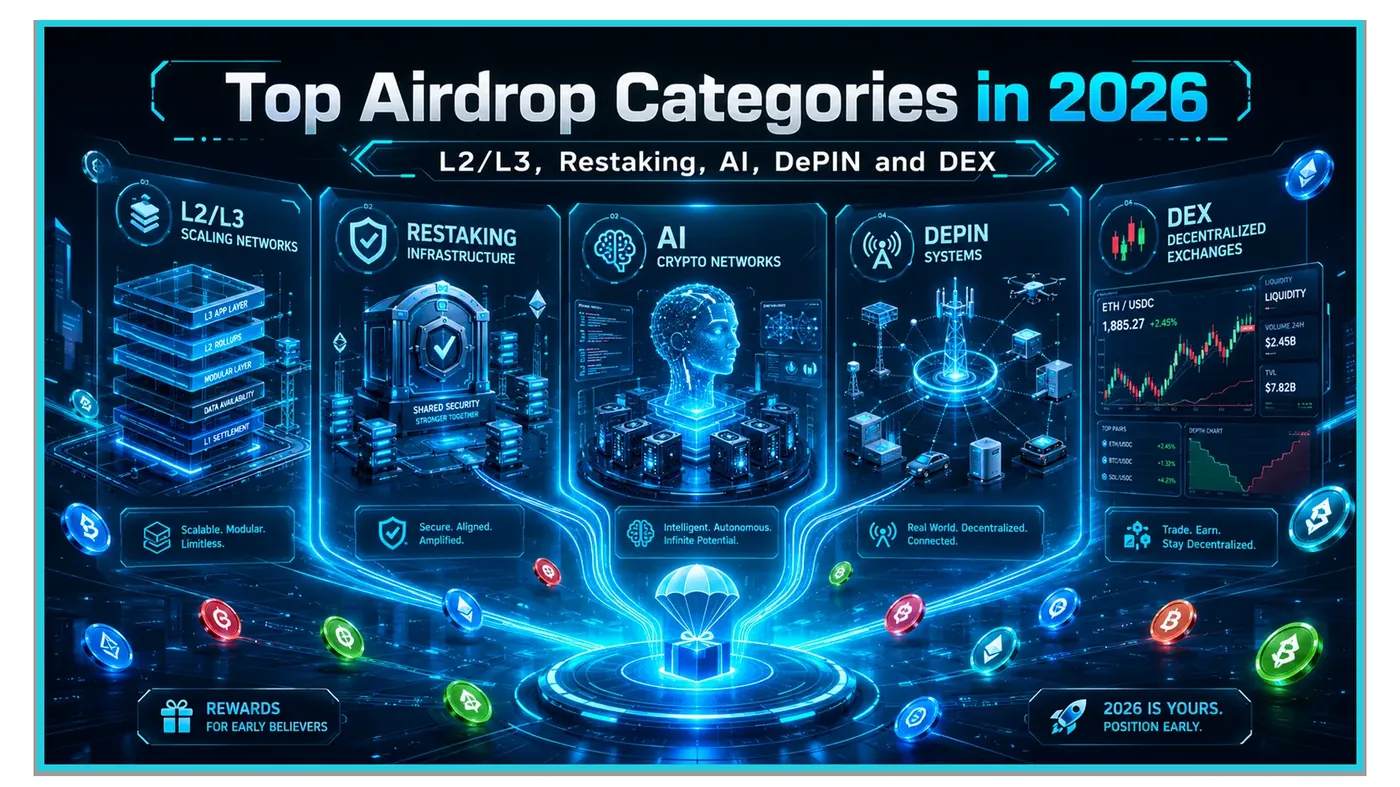 2026 airdrop categories highlighting L2s, restaking, and AI in cryptocurrency growth strategies.