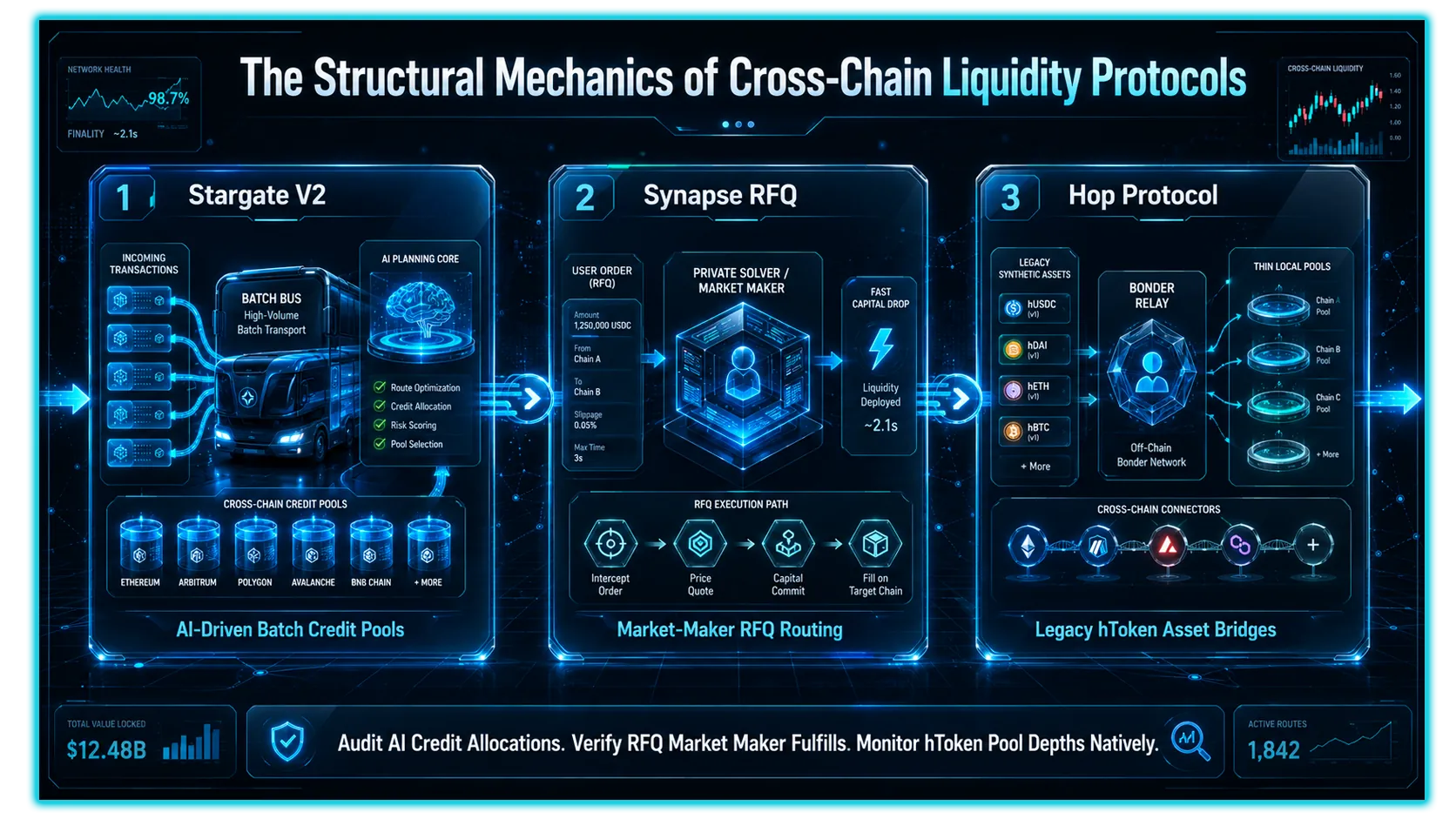 Comparison of cross-chain protocols Stargate, Synapse, and Hop for efficient asset routing in decentralized finance.
