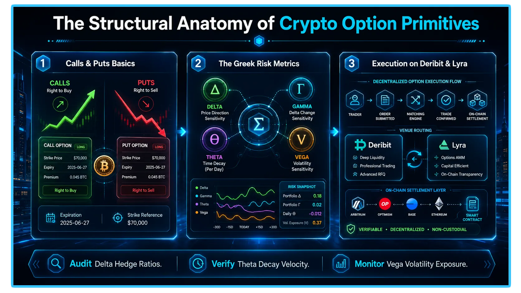 Crypto options trading graphic illustrating market mechanics and Greeks for institutional hedging and speculation in digital finance.