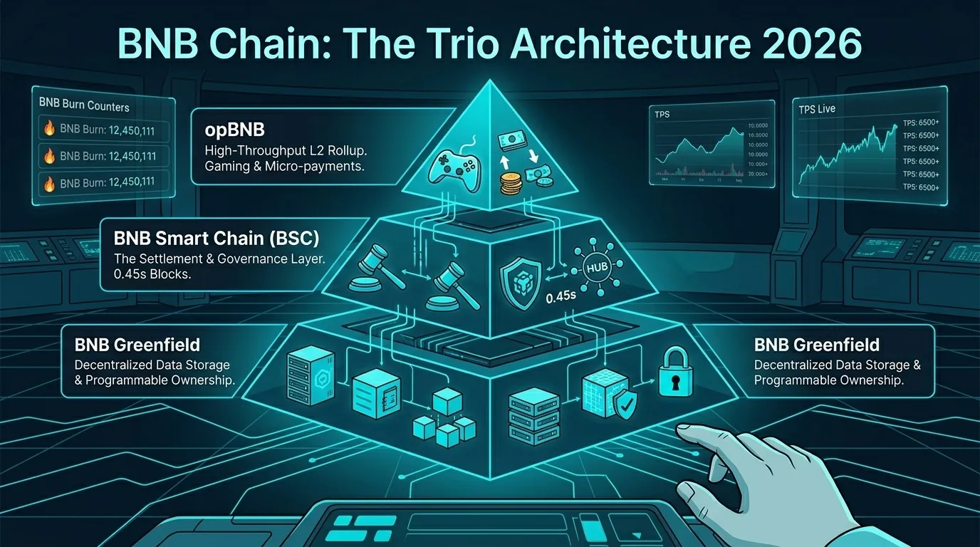 Descripción general del ecosistema BNB Chain en 2026, destacando la evolución de Smart Chain, opBNB y Greenfield.