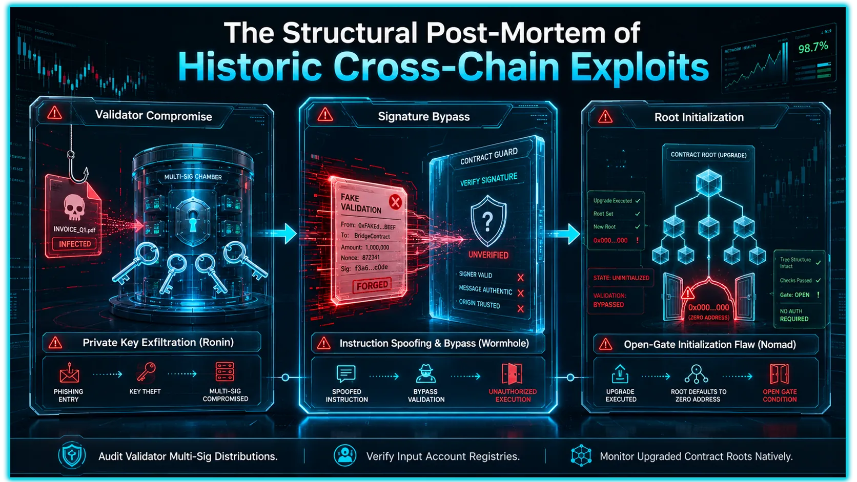 Infographic illustrating major bridge exploits in decentralized finance, highlighting Ronin, Wormhole, and Nomad hacks.