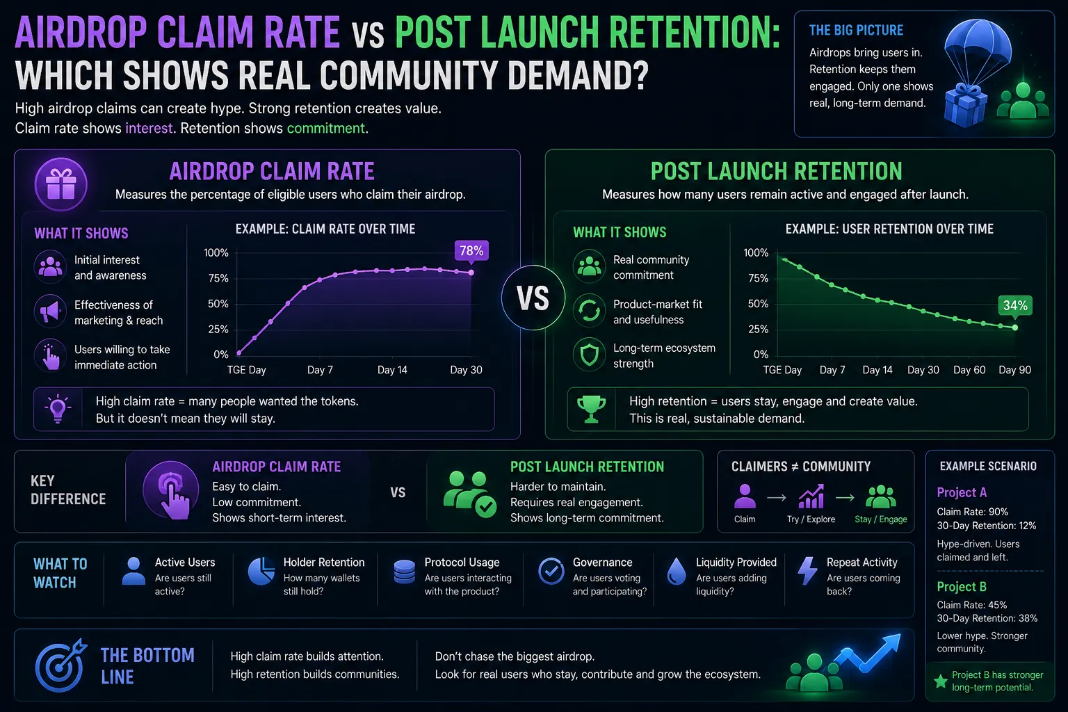 Graph comparing airdrop claim rates and user retention, illustrating crypto project engagement and demand dynamics.