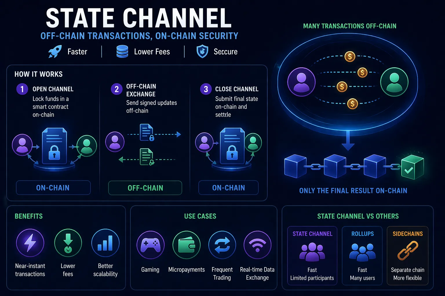 Ilustración de canales de estado que permiten transacciones de criptomonedas fuera de la cadena para interacciones instantáneas y de bajo costo.