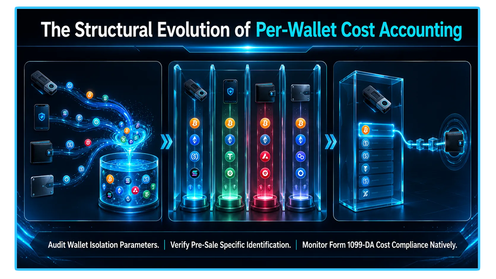 Comparison of FIFO and Specific ID crypto cost basis methods illustrated in a wallet diagram for tax sub-accounting.