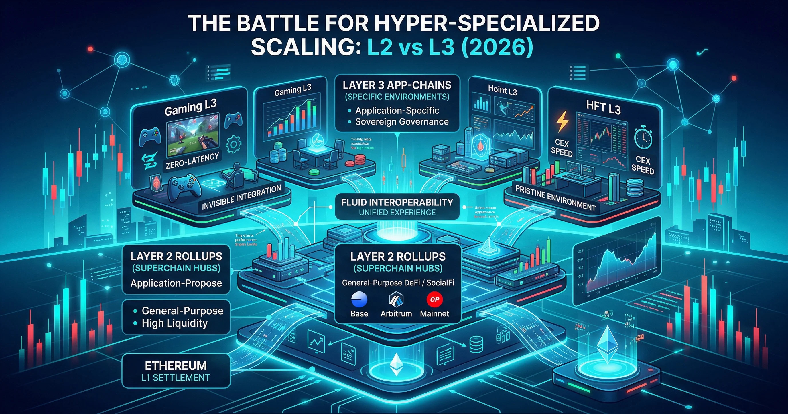 Comparação entre Ethereum Layer 2 e Layer 3 ilustrando soluções de escalabilidade especializadas para eficiência aprimorada da rede.