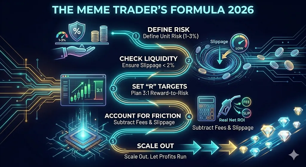 Gráfico de calculadora de memecoins que ilustra el tamaño de la posición y los posibles rendimientos en un mercado volátil.