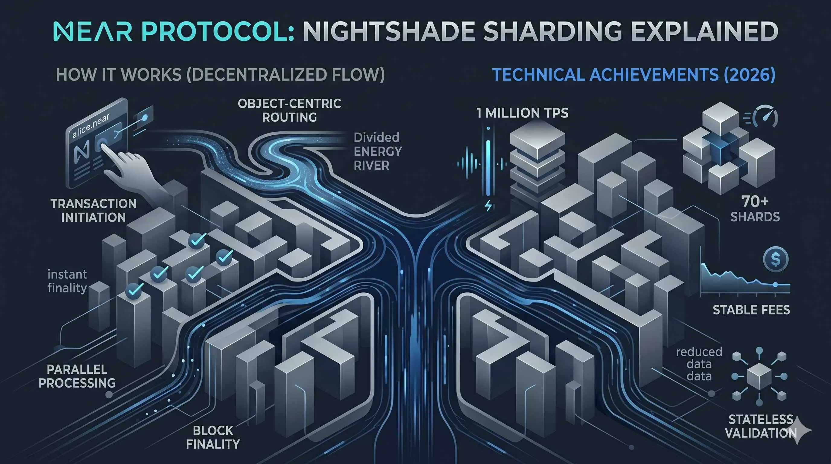 Illustration de l'architecture PoS sharded du Near Protocol, mettant en évidence son équilibre entre sécurité, décentralisation et rapidité.