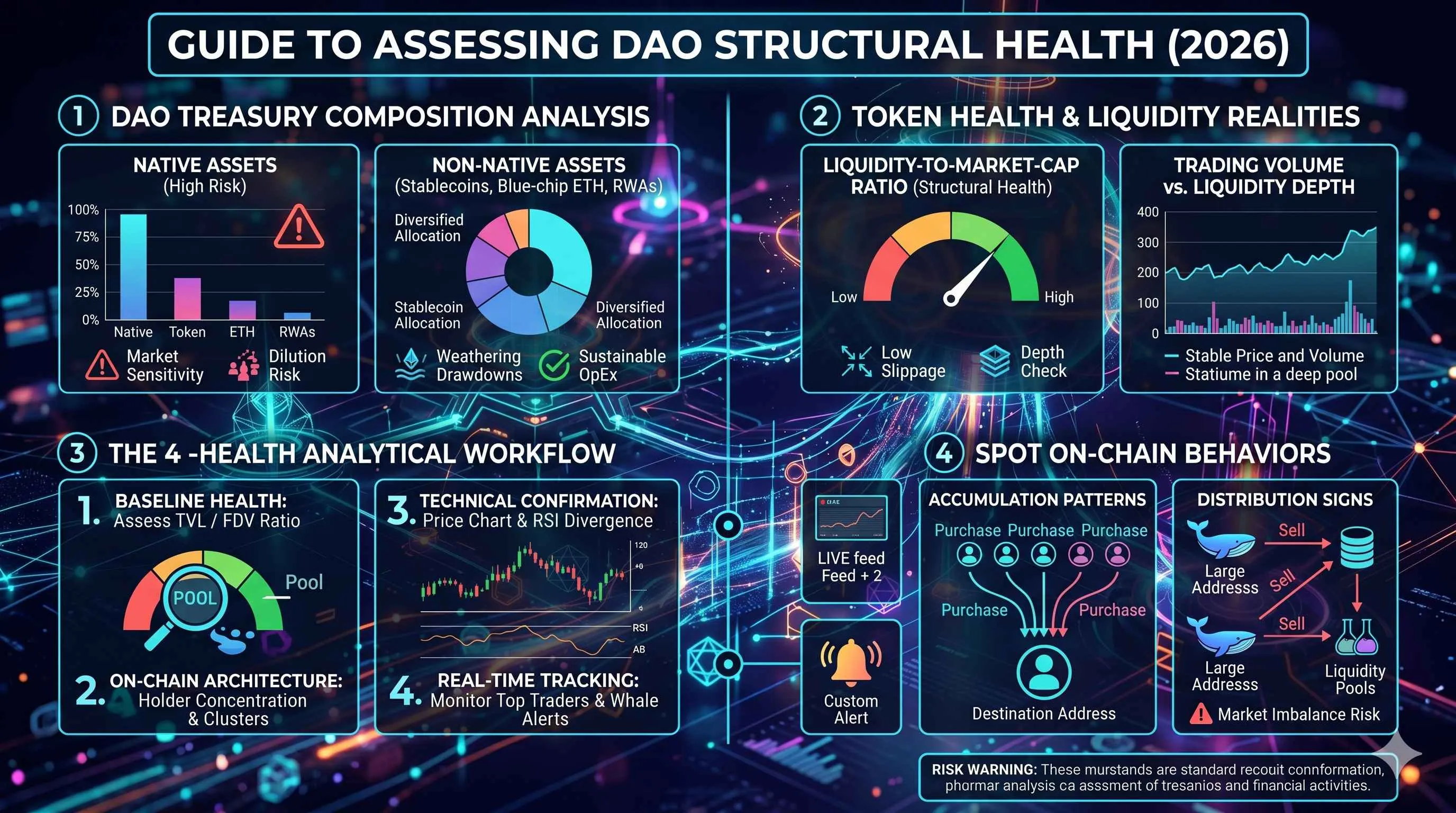 Infographic showcasing top DAOs by treasury size and activity levels in 2026, highlighting their role in decentralized finance.
