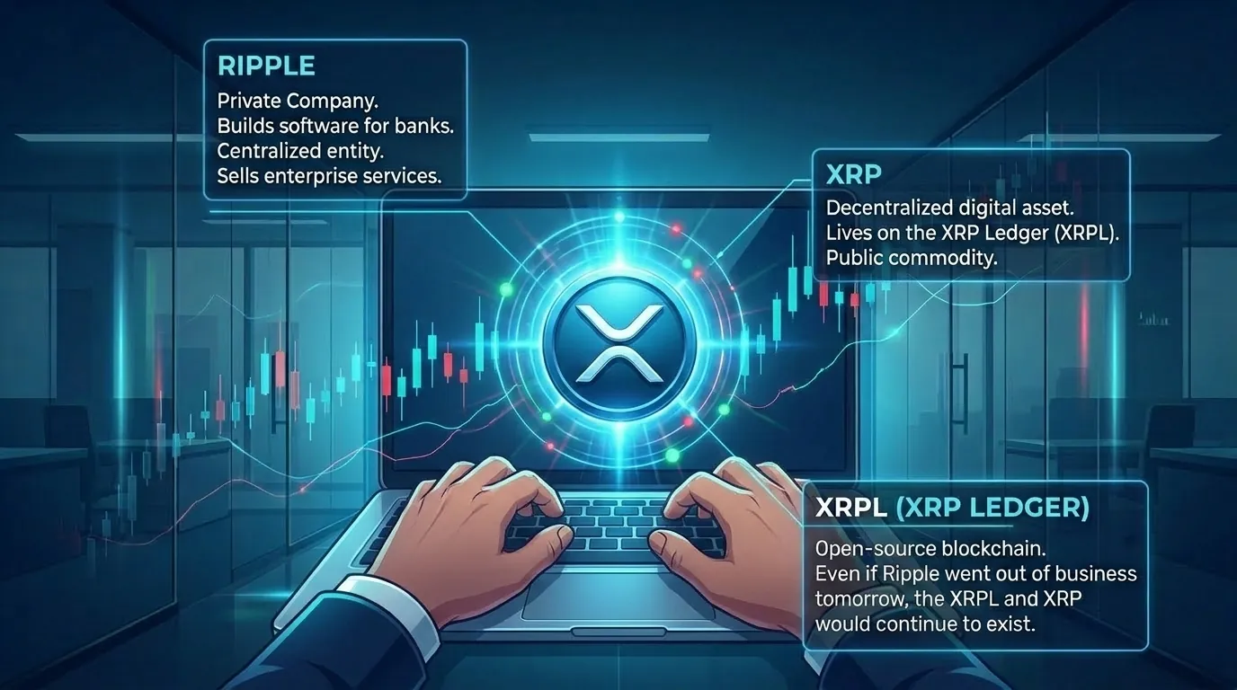 Logo XRP affiché sur un appareil portable, soulignant la distinction entre Ripple et XRP dans les discussions sur les cryptomonnaies.