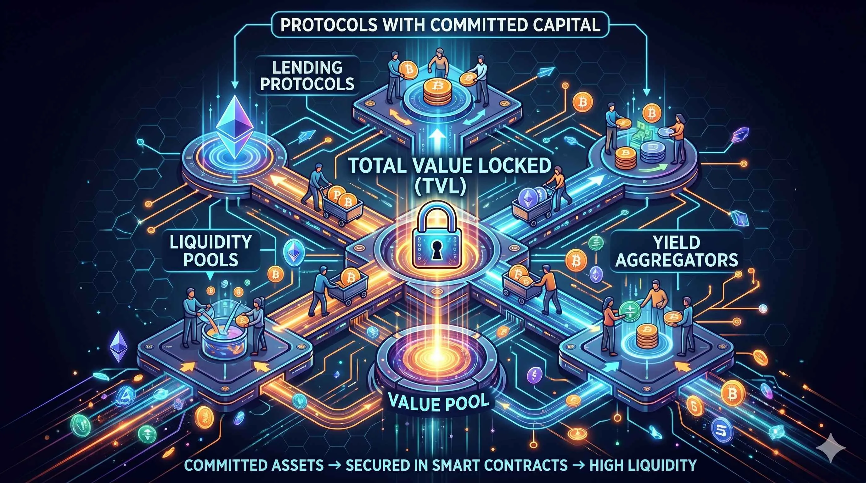 Illustration explaining Total Value Locked (TVL) in DeFi, highlighting its impact on market movements and capital interaction.