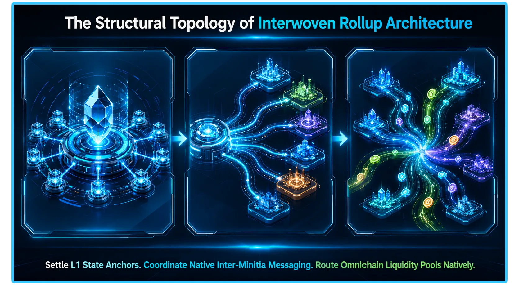 Diagram illustrating the Initia network's modular blockchain structure and its Layer-2 rollups and Layer-3 app-chains.