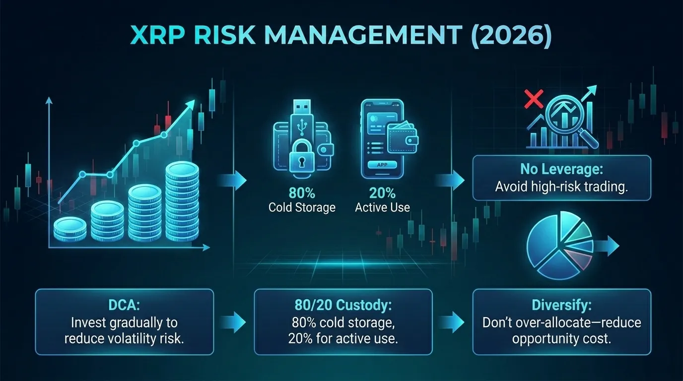 XRPリスク管理インフォグラフィック、ポジションサイズ、保管、分散化をカバー。
