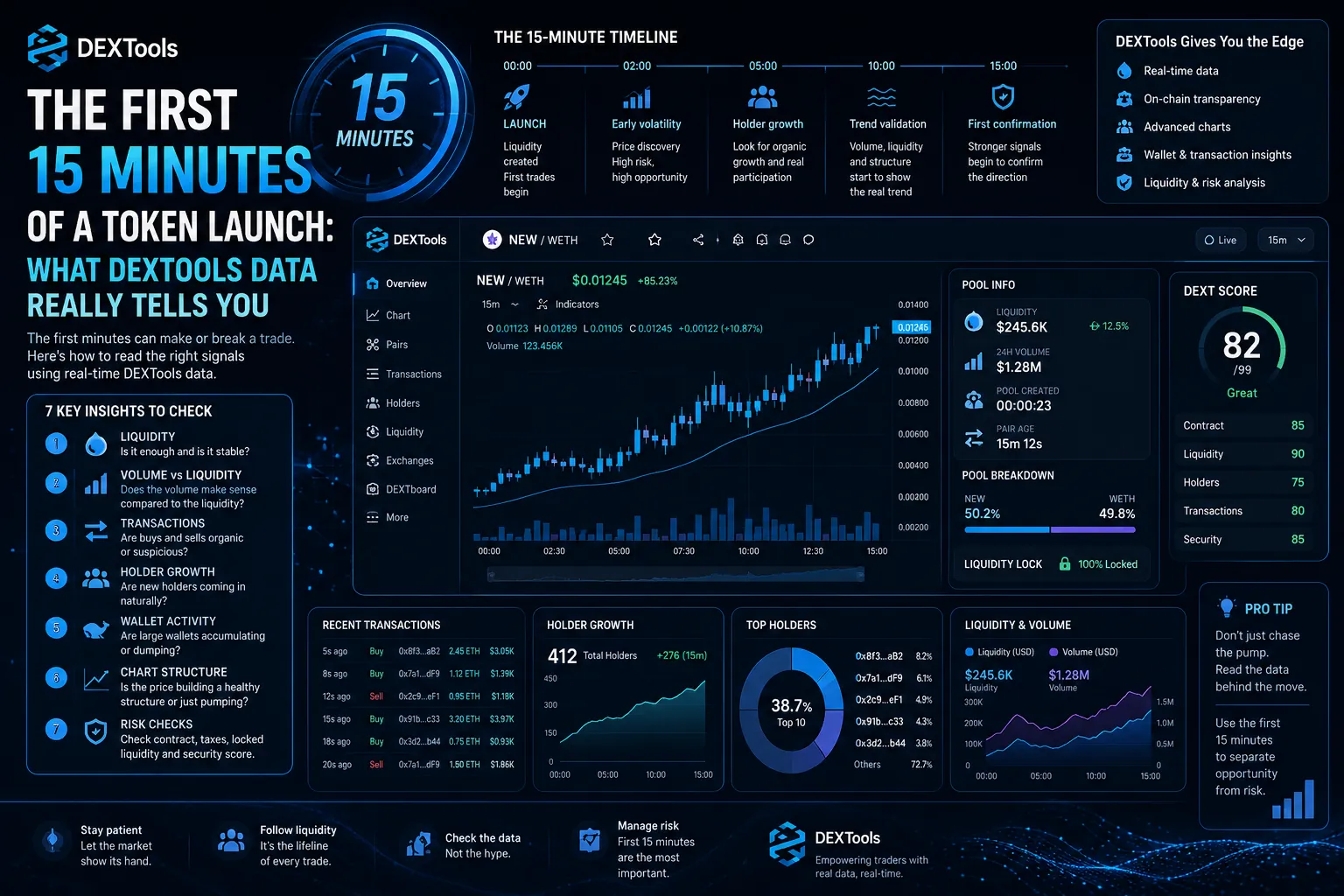 A trader analyzing DEXTools data during a token launch, highlighting price volatility and market trends.