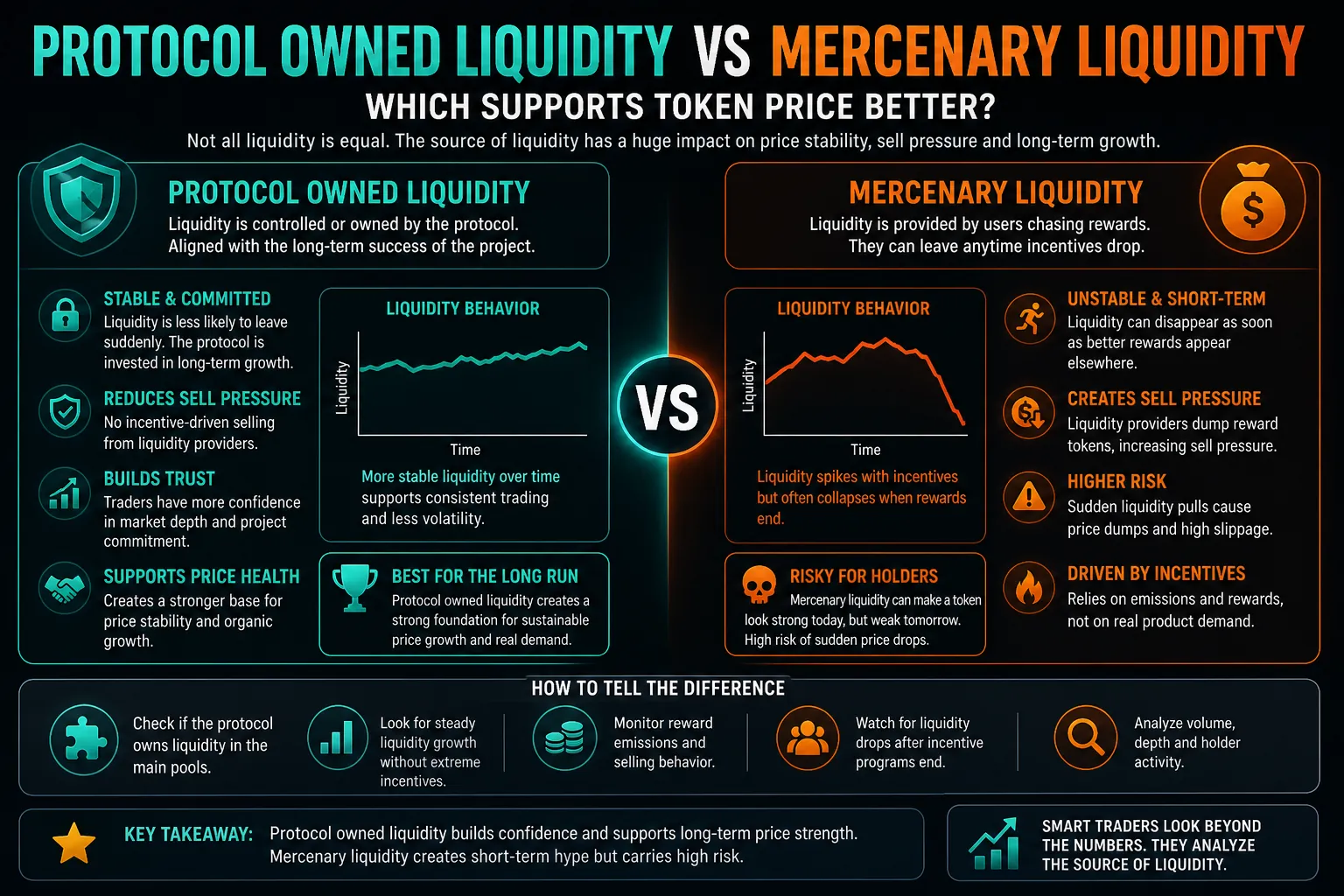 Comparación de la liquidez propiedad del protocolo y la liquidez mercenaria en la dinámica del trading de DeFi y la estabilidad del mercado.