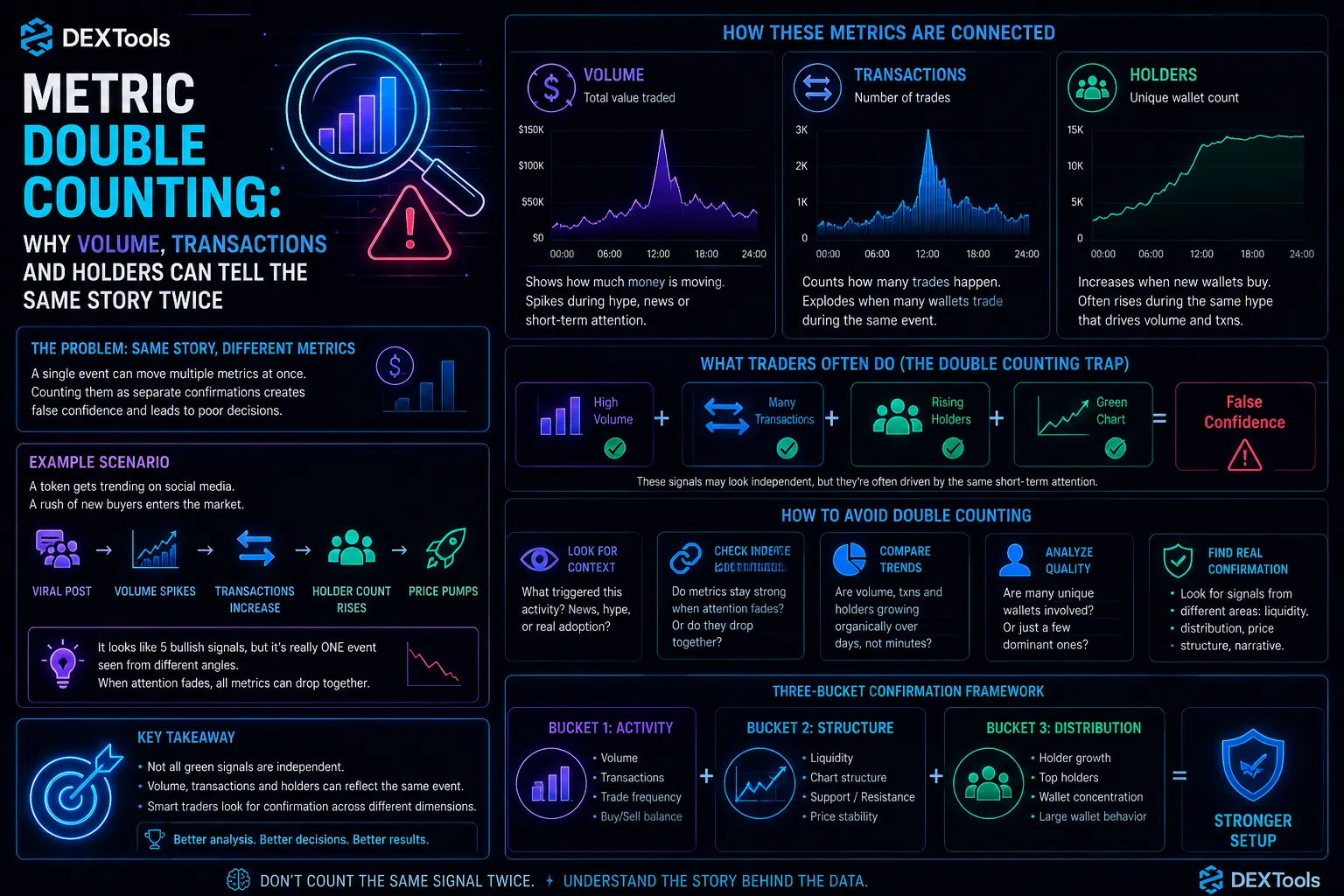 Crypto trading metrics analysis highlighting volume, transactions, and holders revealing potential double counting issues.