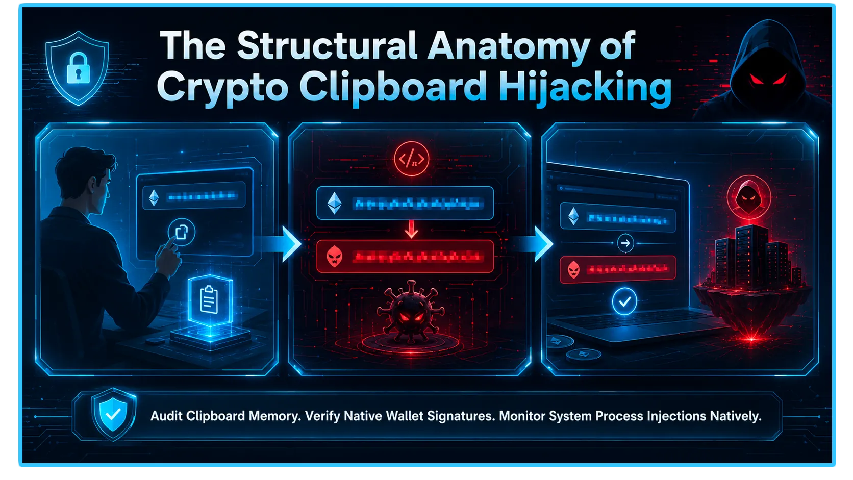 Illustration of clipboard hijacking malware affecting cryptocurrency transactions and wallet security.