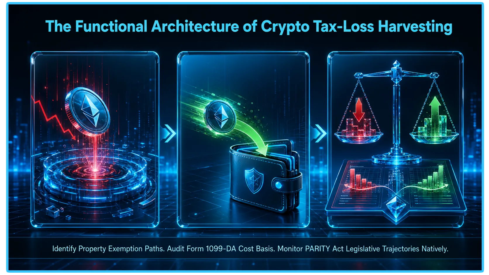 Crypto wash sale rule explained with a graphic illustrating decentralized asset trading and tax compliance for traders in 2026.