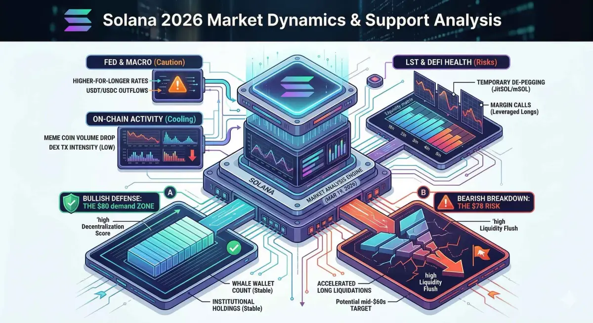 Solana-Kryptowährungsdiagramm zeigt Preisrückgang und Analyse der Unterstützungsniveaus am 19. März 2026.