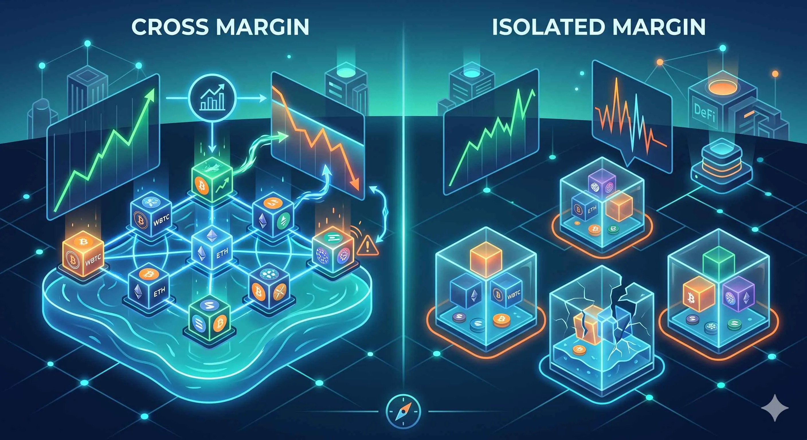 Comparison of cross margin and isolated margin trading in decentralized finance, highlighting risk management strategies.