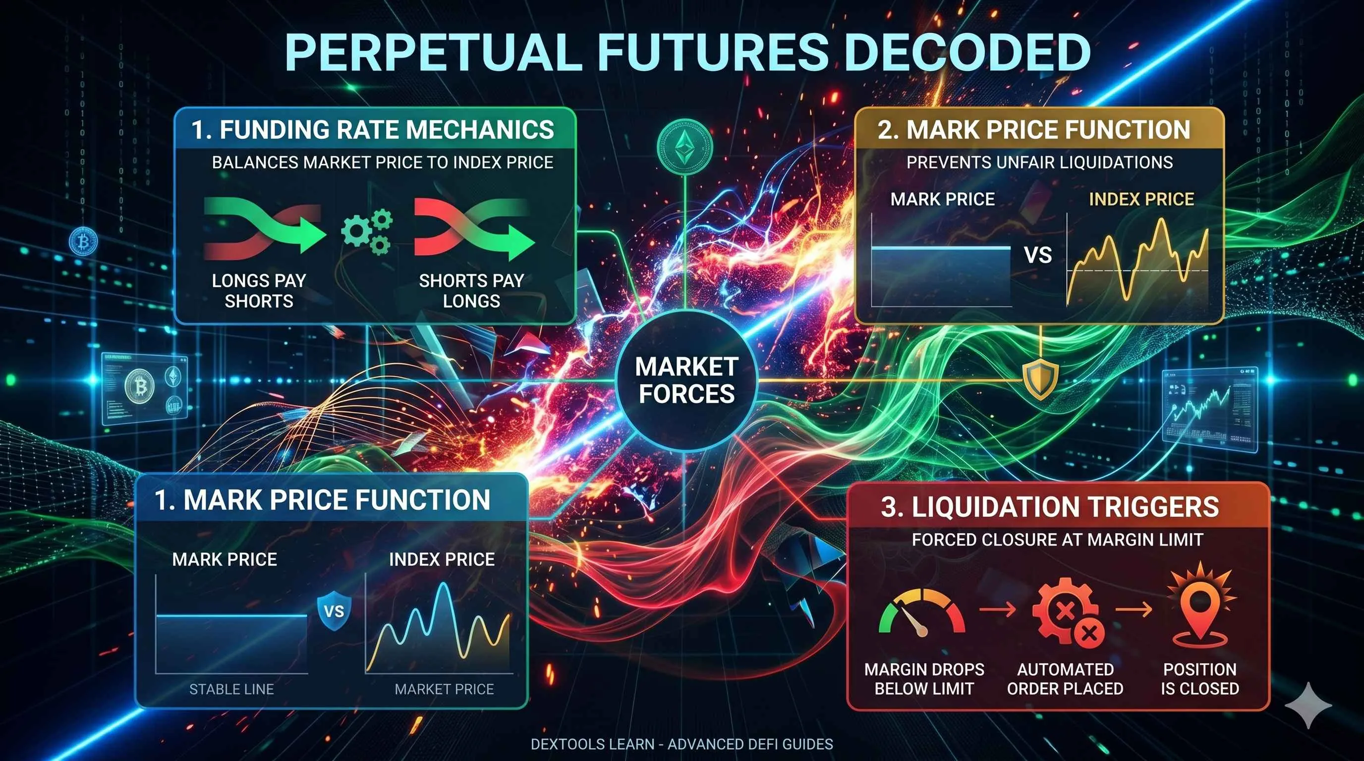 Illustration of perpetual futures trading concepts, highlighting funding, mark price, and liquidation processes in decentralized finance.