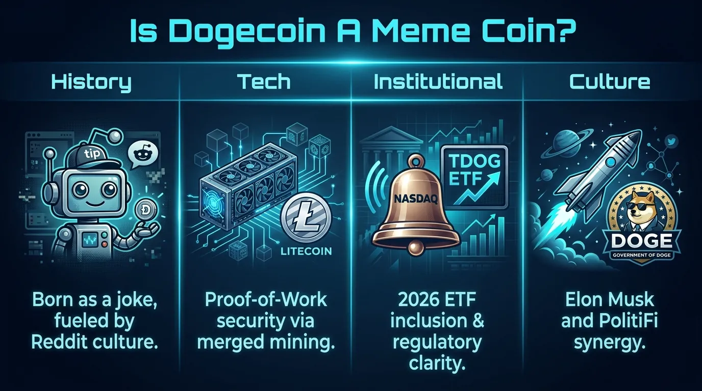 Dogecoin logo with Shiba Inu mascot, representing its status as a meme coin in the 2026 crypto market landscape.