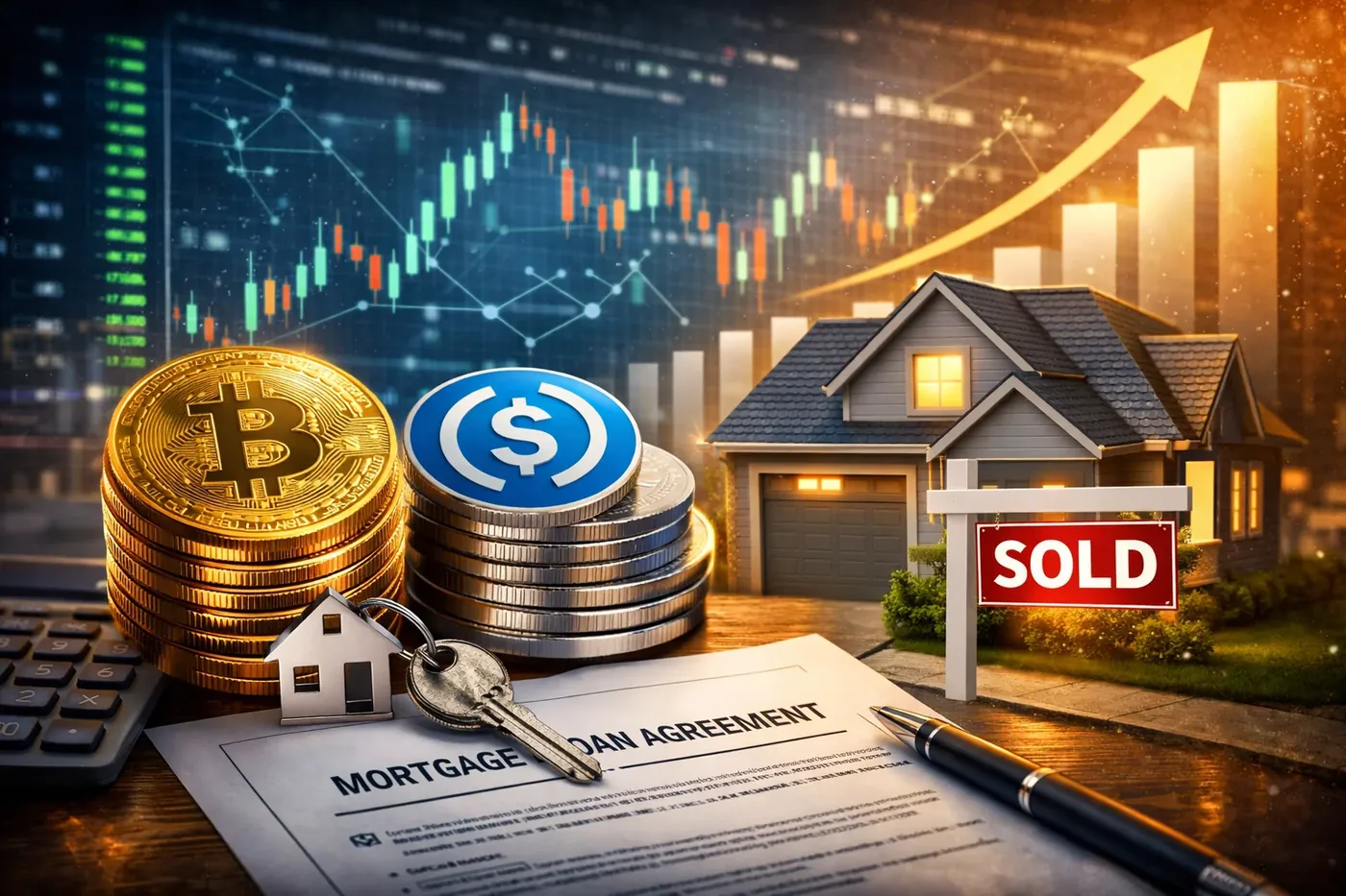 Logos de Bitcoin et USDC superposés sur une maison, symbolisant l'intégration de la crypto dans le marché immobilier à travers des prêts hypothécaires.