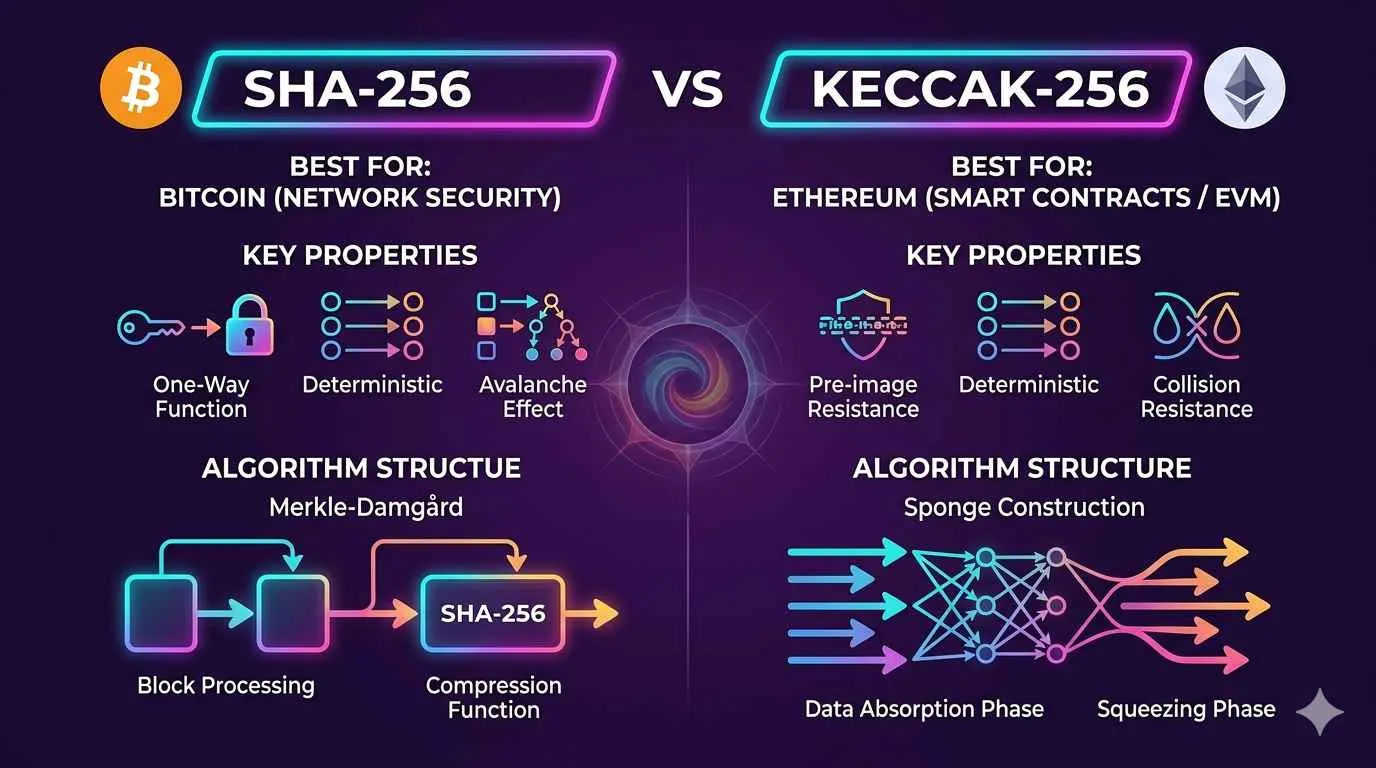 Illustration explaining hash functions SHA-256 and Keccak in decentralized finance (DeFi) context.