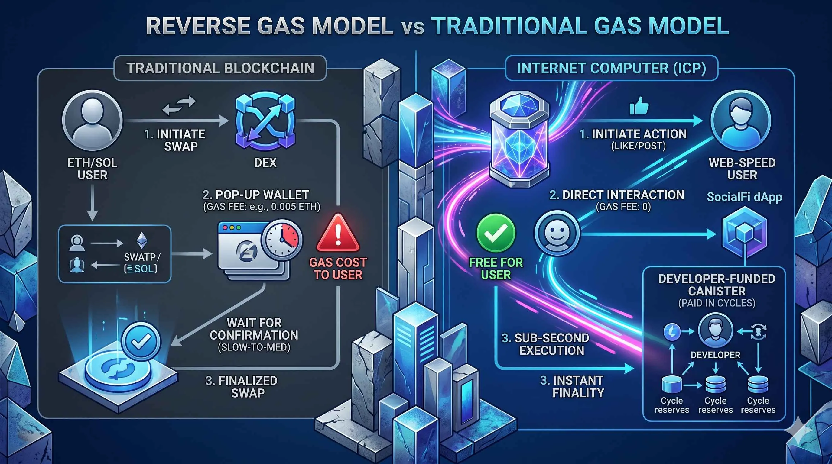 Ilustração explicando o Modelo de Gas Reverso do Internet Computer (ICP) e sua visão de internet descentralizada.
