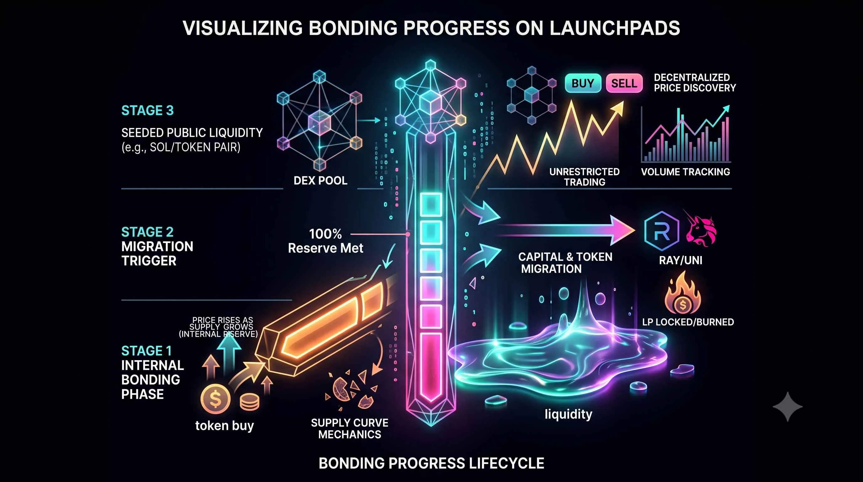 Illustration of bonding progress on token launchpads, highlighting liquidity provisioning in decentralized finance (DeFi).