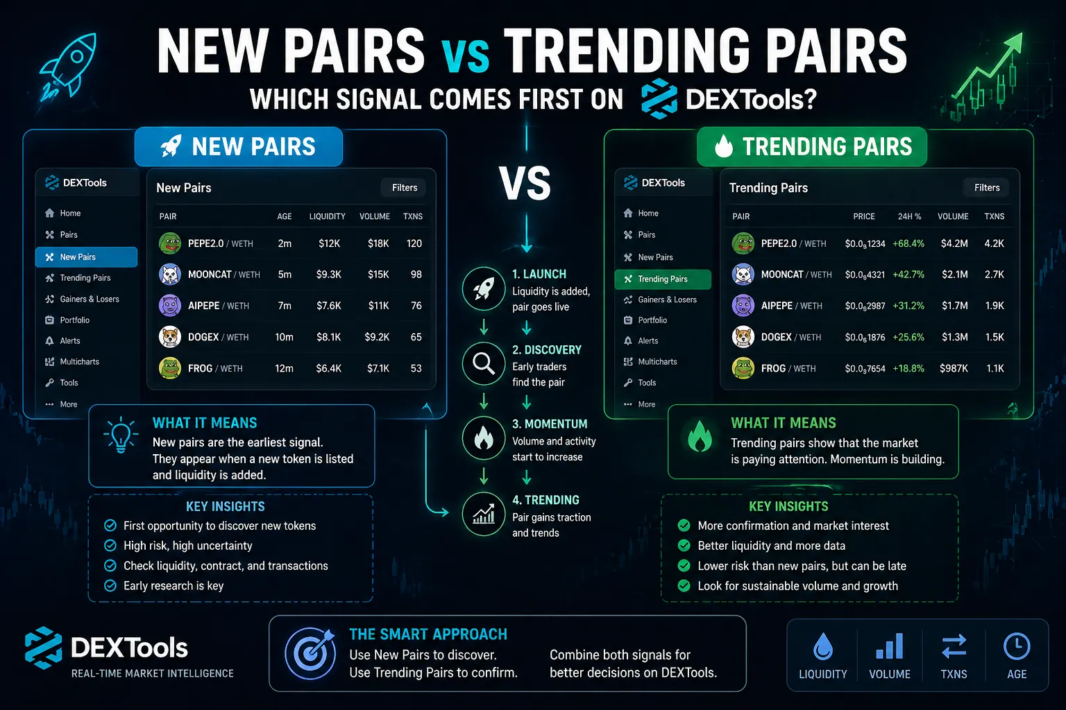 Crypto trader analyzing new and trending token pairs on DEXTools for optimal signal timing in decentralized markets.