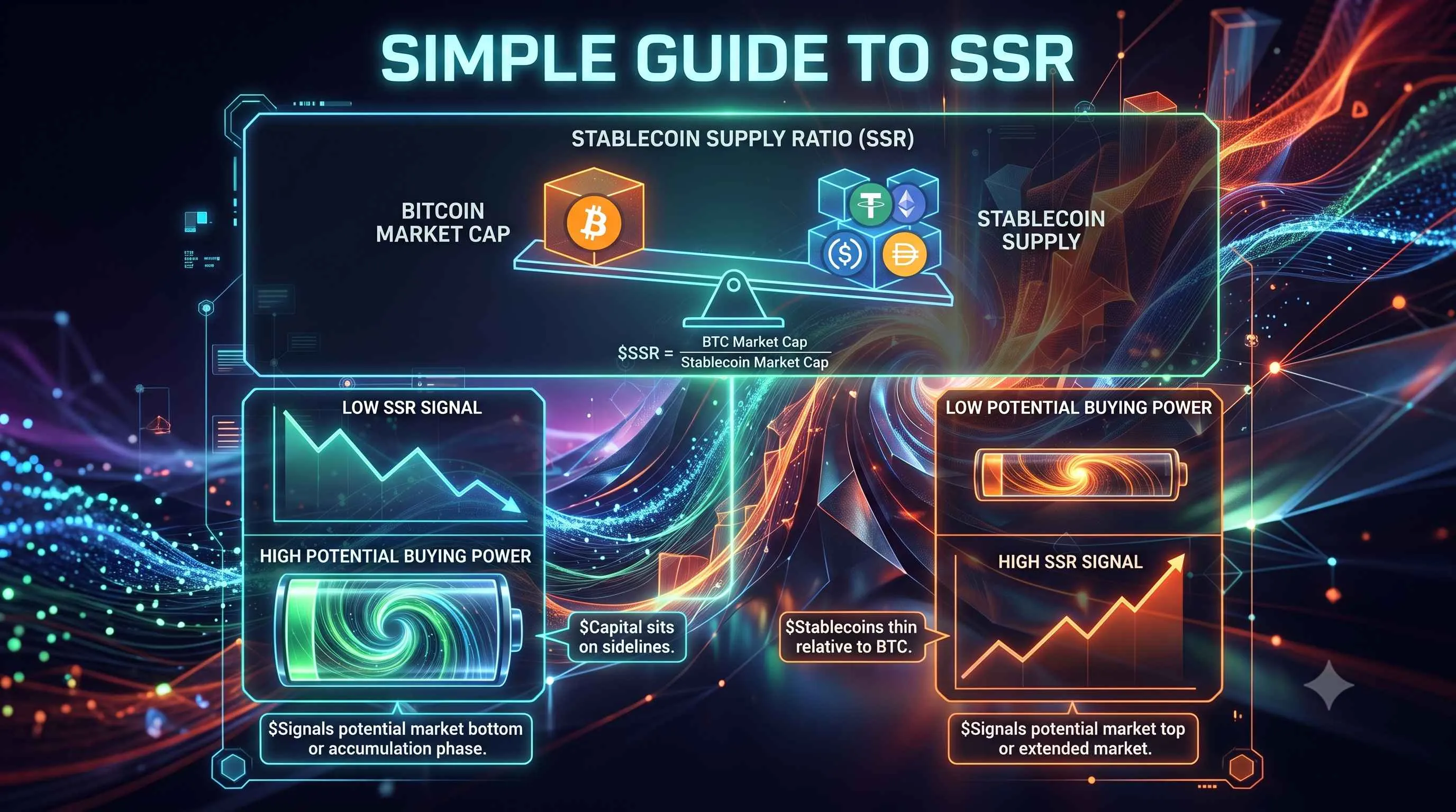 Infographic illustrating Stablecoin Supply Ratio (SSR) and its impact on crypto buying power in decentralized finance (DeFi).
