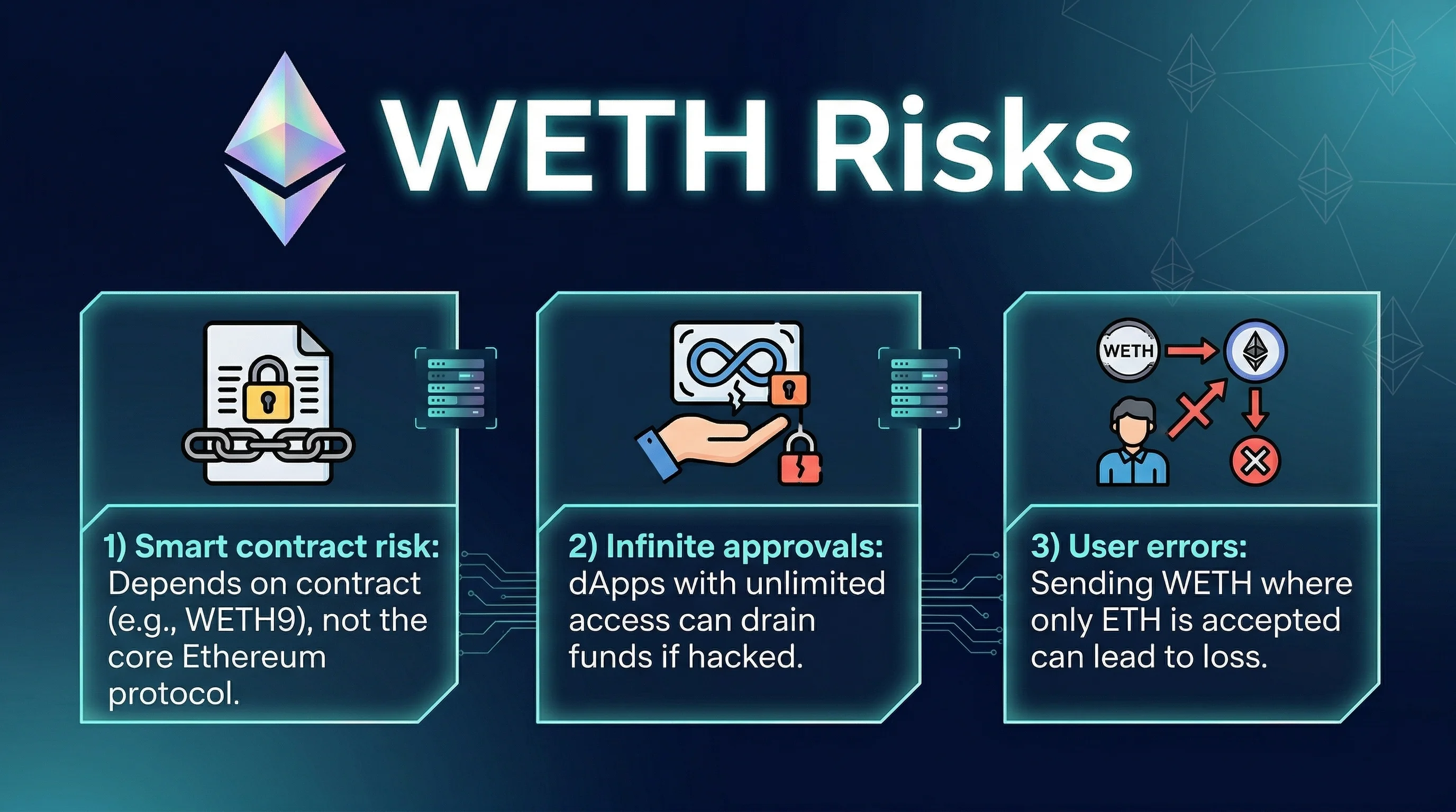 Comparison of ETH and WETH, highlighting their uses in Ethereum transactions and DeFi applications.