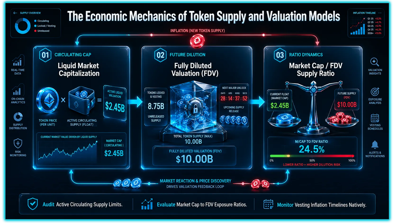 Illustration explaining market cap, FDV, and circulating supply in cryptocurrency investment.