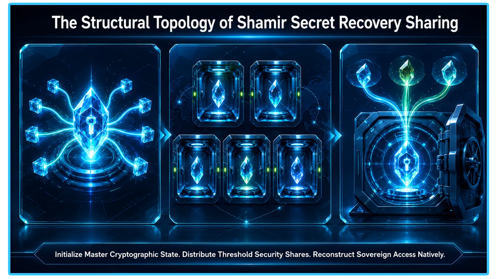 Illustration of Shamir Backup (SLIP-39) process for securing cryptocurrency seed phrases and enhancing digital asset security.