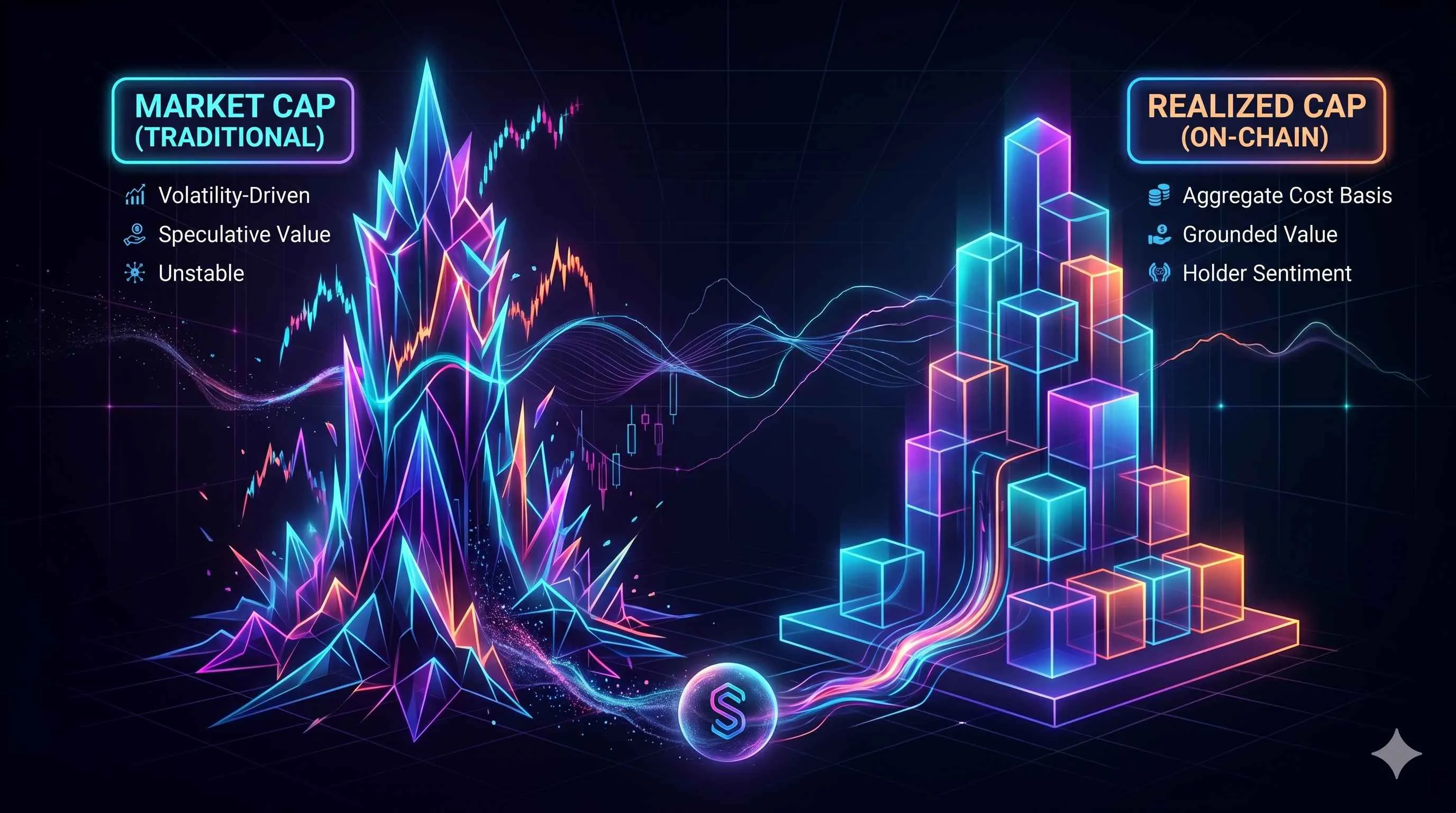 Illustration comparing Realized Cap and Market Cap in cryptocurrency for DeFi traders, highlighting key differences and insights.