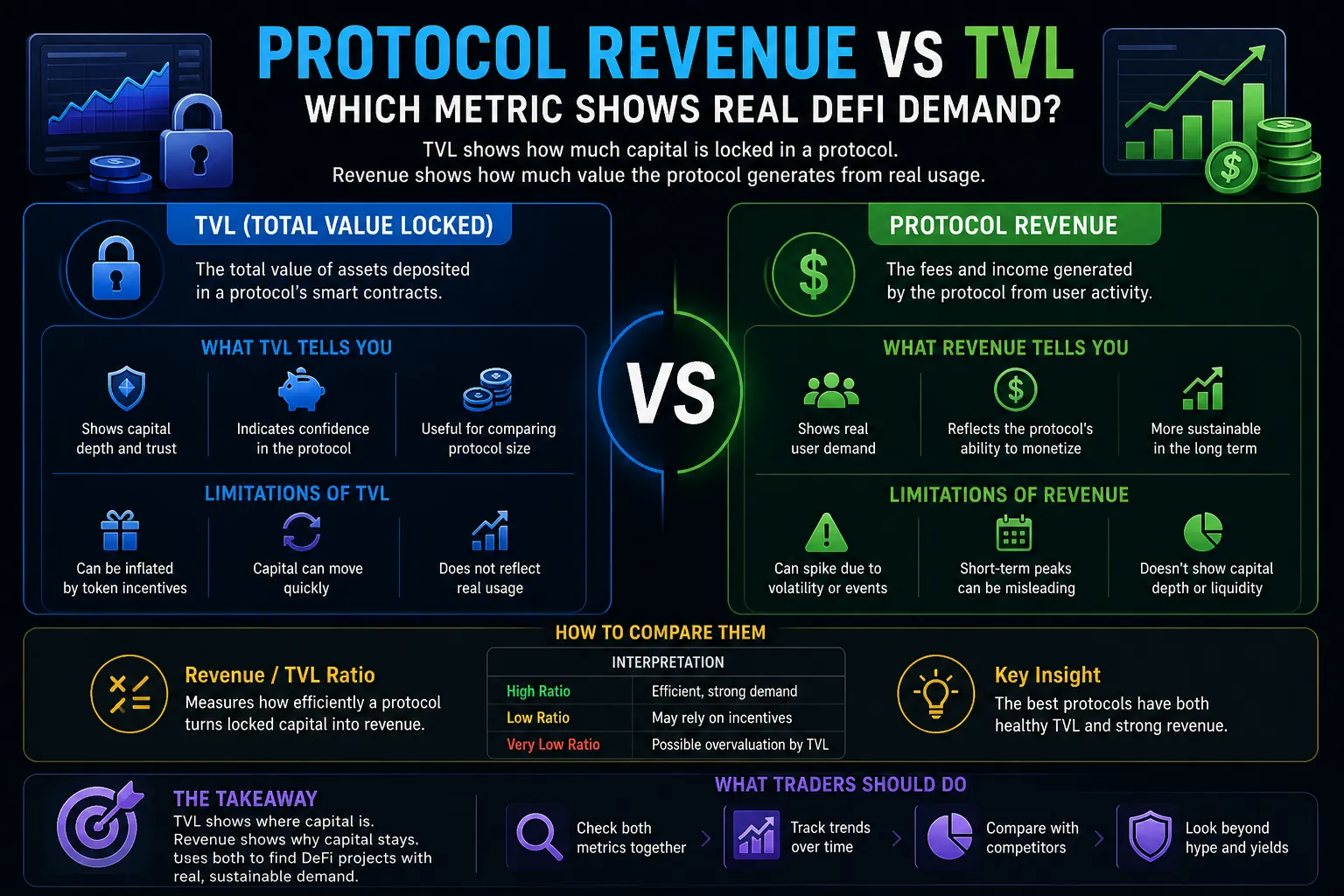 Graph comparing DeFi protocol revenue and total value locked (TVL) metrics, illustrating demand trends in decentralized finance.