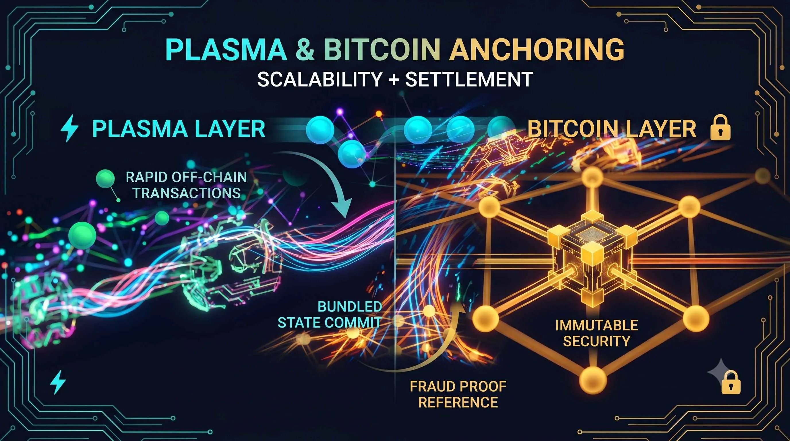 Illustration of Plasma Crypto Chain, a Bitcoin-backed stablecoin blockchain for decentralized finance scalability.
