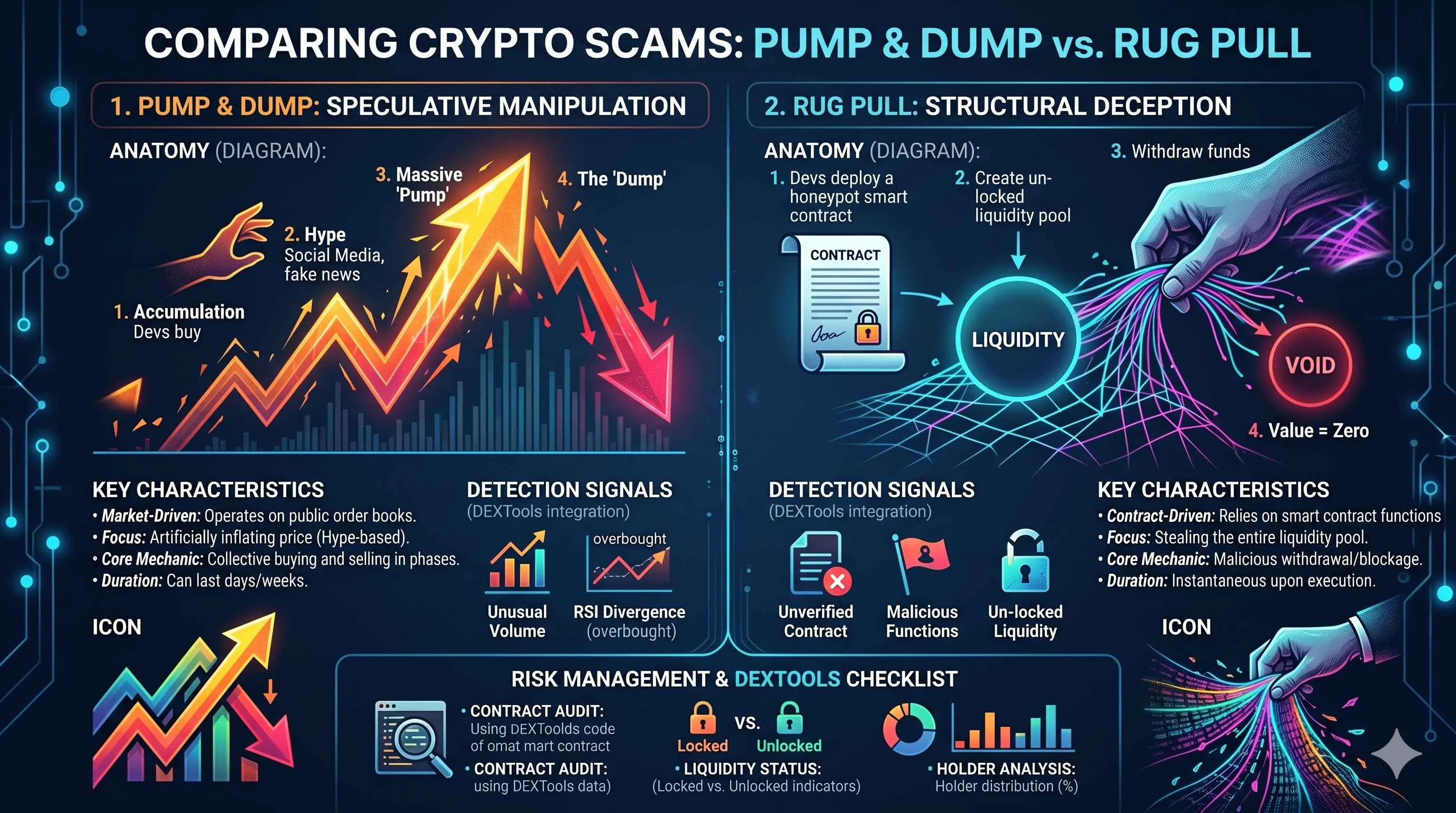 Illustration comparing pump and dump schemes with rug pulls in cryptocurrency, highlighting scam detection strategies.