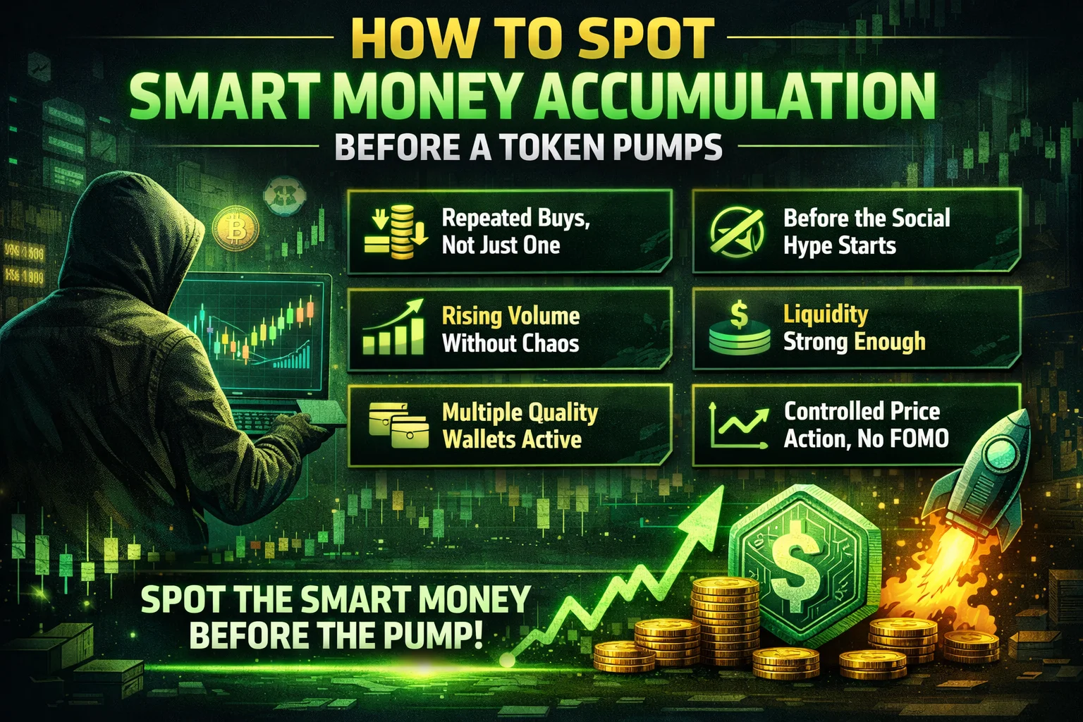 Smart money accumulation in crypto before token surges, highlighting early investment strategies and market trends.