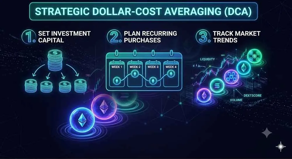 Dollar-cost averaging crypto strategy illustrated with charts and data analysis for managing market volatility.