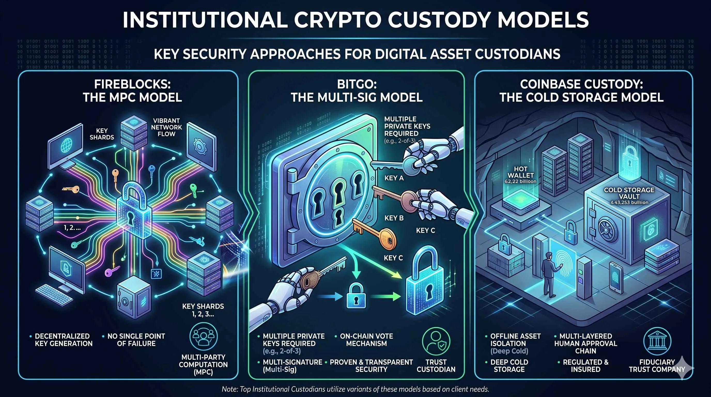 Overview of top institutional crypto custody providers: Coinbase Custody, Fireblocks, and BitGo managing digital assets securely.
