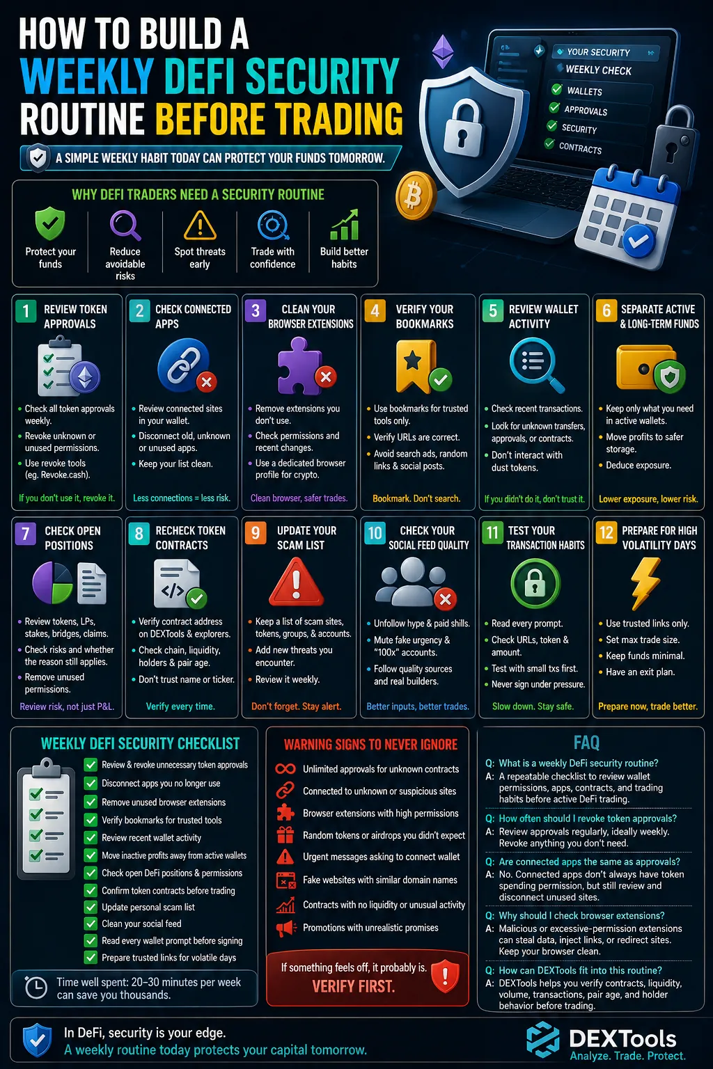 DeFi trader reviewing security protocols on a laptop, emphasizing the importance of a weekly safety routine for trading.