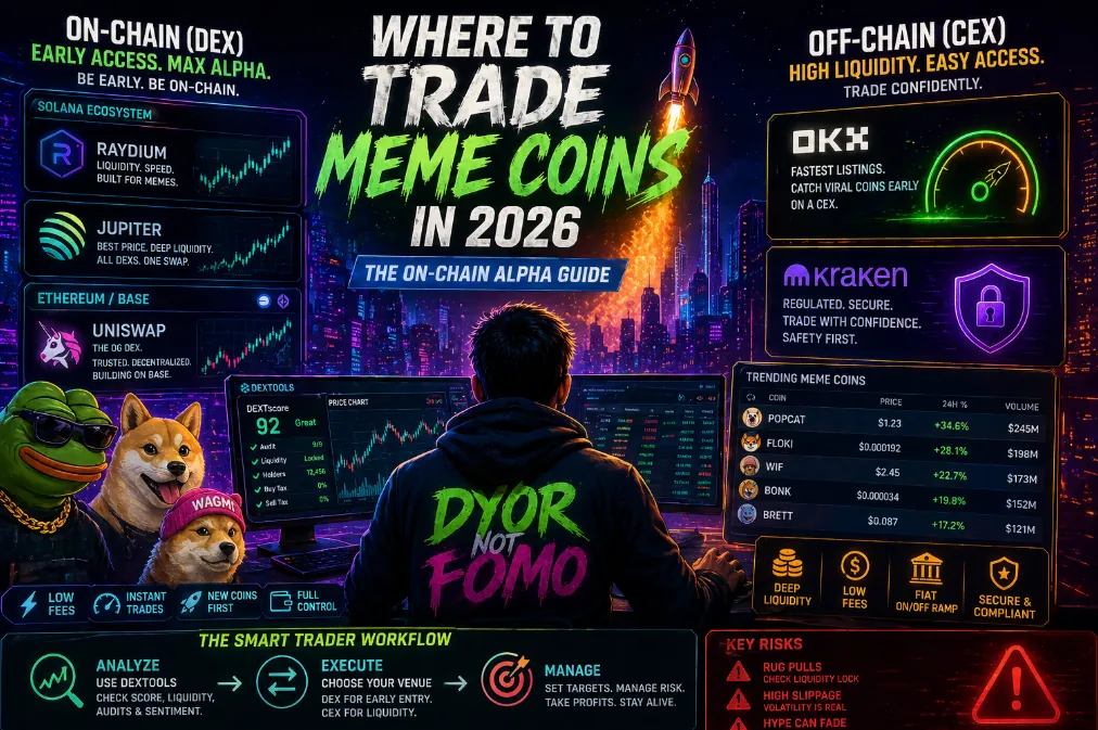 Plataformas de trading de meme coins en 2026 mostrando la liquidez de Solana y Base y el crecimiento de las finanzas descentralizadas.