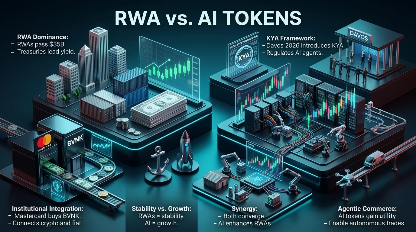 RWA vs AI Tokens debate in cryptocurrency market, showcasing contrasting narratives shaping 2026 financial landscape.